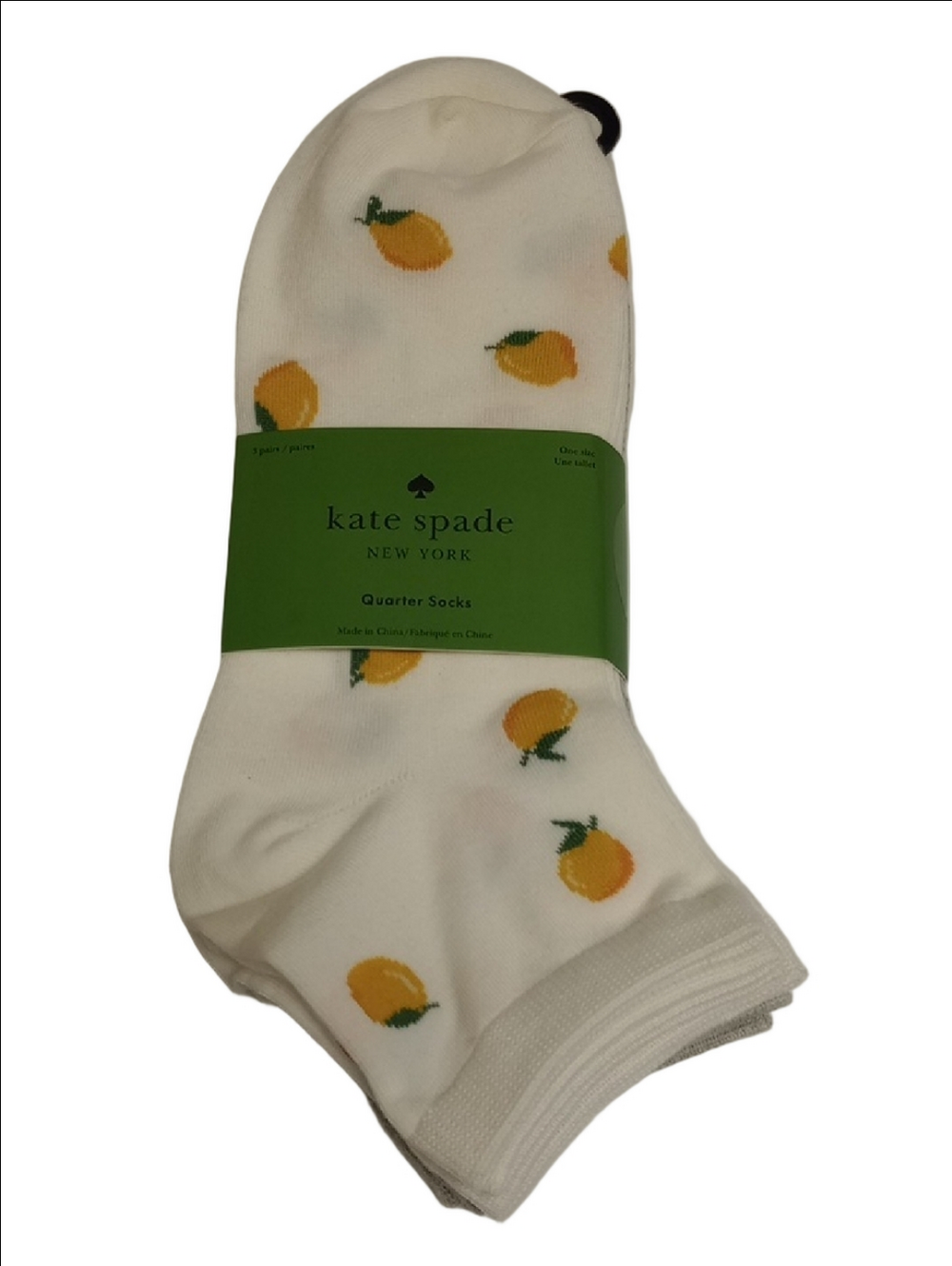 🍋 KATE SPADE 3 PAIRS WHITE GRAY QUARTER ANKLE SOCKS WITH LEMONS SPADE LOGO 🍋